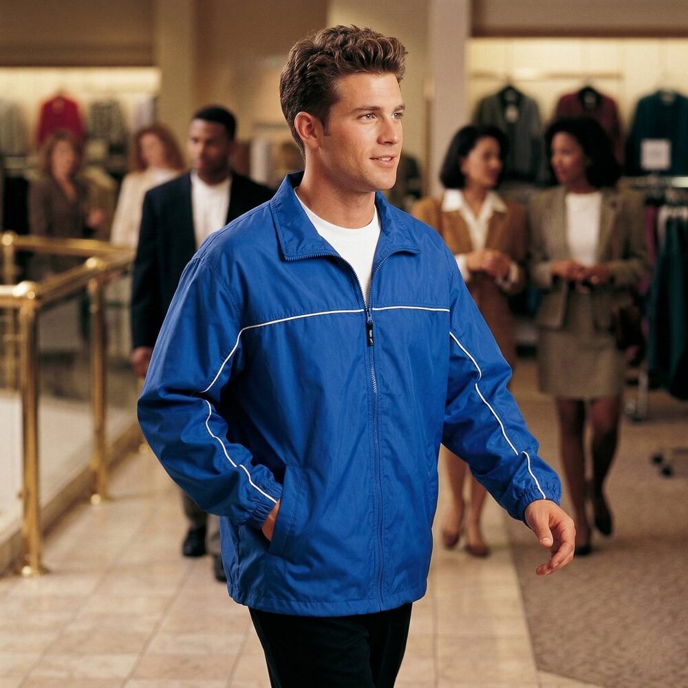 i5 Men’s XL Vintage Blue Windbreaker Jacket Nylon Retro Streetwear Statement